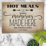 Hot Meals Warm Memories Personalised Tea Towel<br><div class="desc">Welcome all your guests with this custom kitchen towel featuring a fun greeting and your family name.</div>