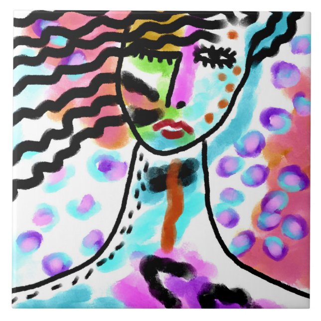 Hot Mess Abstract Digital Portrait of a Woman Ceramic Tile (Front)