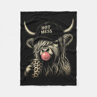 Hot Mess Highland Cow Funny Cute Coffee Lover Fleece Blanket