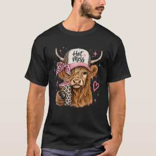 Hot Mess Leopard Highland Cow Coffee Farm Animal T-Shirt