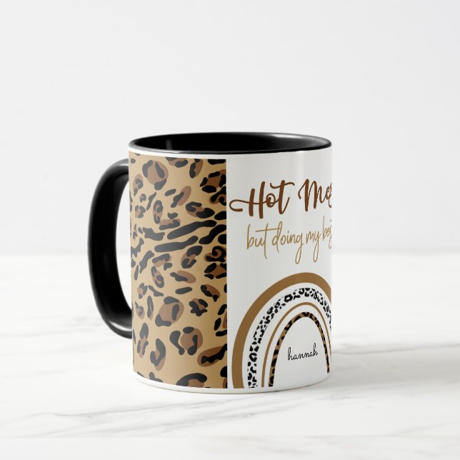 Hot Mess Quote Leopard Print Rainbow Personalised Mug (Front Left)