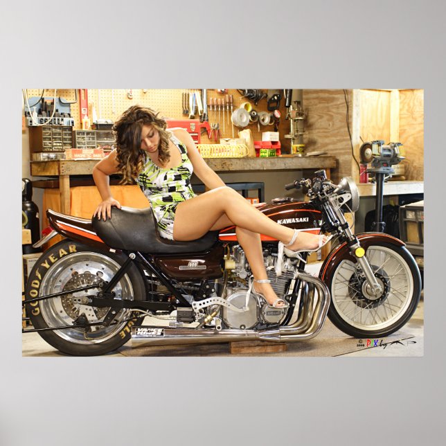 Hot Model KELSEY On A Classic Kawasaki Z1 Dragbike Poster (Front)