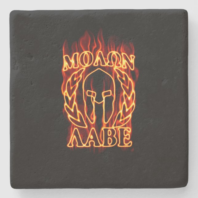 Hot Molon Labe Spartan Warrior Mask on Fire Stone Coaster (Front)
