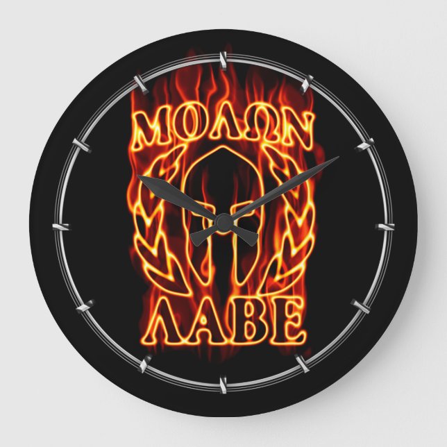 Hot Molon Labe Warrior Mask Laurels on Fire Large Clock (Front)