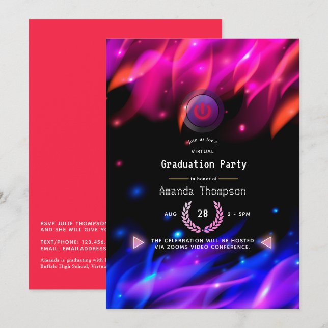 Hot Neon Glow Flames Virtual Graduation Party Invitation (Front/Back)