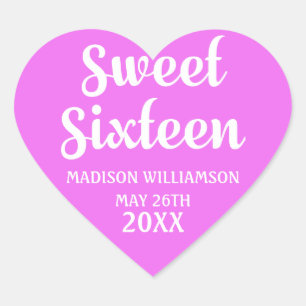 Hot Neon Pink 16th Birthday Party Personalised Heart Sticker