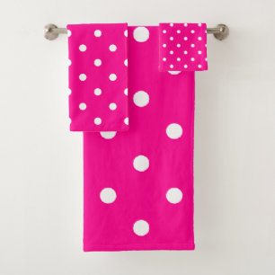 Hot Neon Pink and White Polka Dots Bath Towel Set