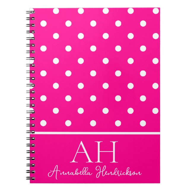 Hot Neon Pink Polka Dots Monogram Initial Notebook (Front)
