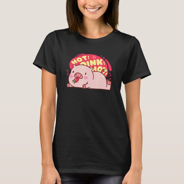 Hot Oink Hot Pig Eating Pepper Cute Food T-Shirt (Front)