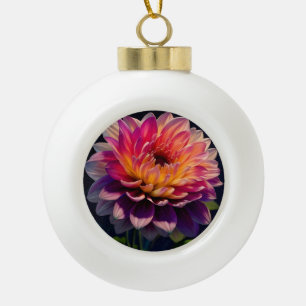 Hot Orange and Pink Dahlia Flower Ceramic Ball Christmas Ornament