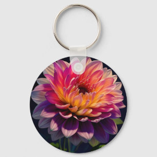 Hot Orange and Pink Dahlia Flower Key Ring