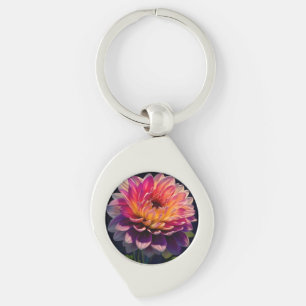 Hot Orange and Pink Dahlia Flower Key Ring