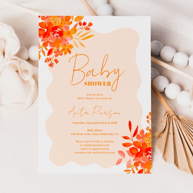 Hot orange wavy frame boho floral baby shower invitation (Hot orange wavy frame boho floral baby shower invitation)