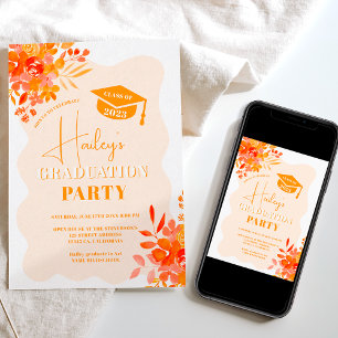 Hot orange wavy frame boho floral graduation invitation