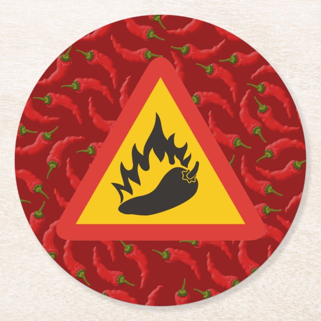 Hot pepper danger sign round paper coaster (Front)