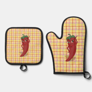 Hot Pepper Diva Drawing Custom Plaid Oven Mitt & Pot Holder Set