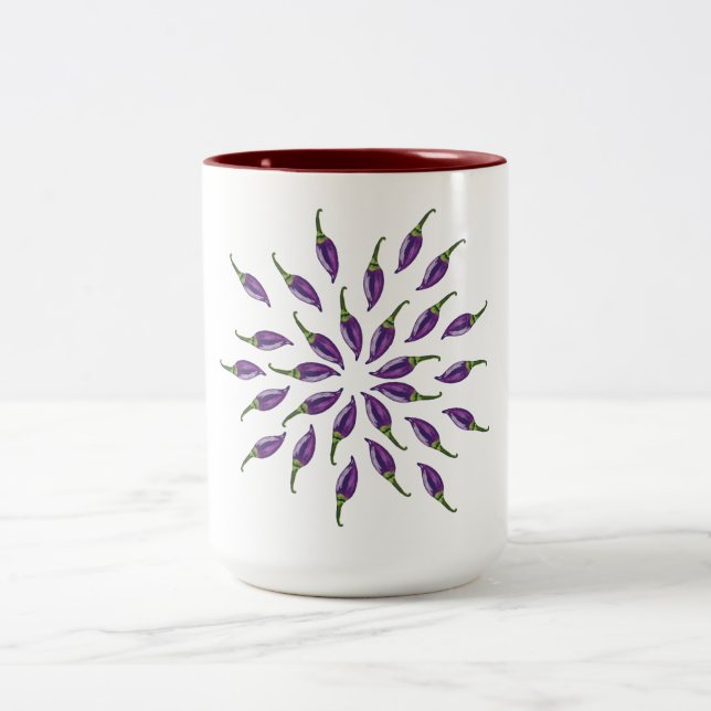 Hot Peppers Purple Mandala Art Two-Tone Coffee Mug (Center)