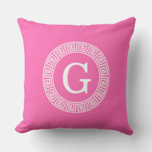 Hot Pink2 Wht Greek Key Rnd Frame Initial Monogram Cushion