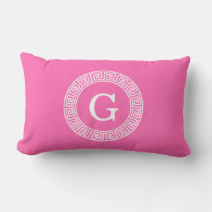 Hot Pink2 Wht Greek Key Rnd Frame Initial Monogram Lumbar Cushion