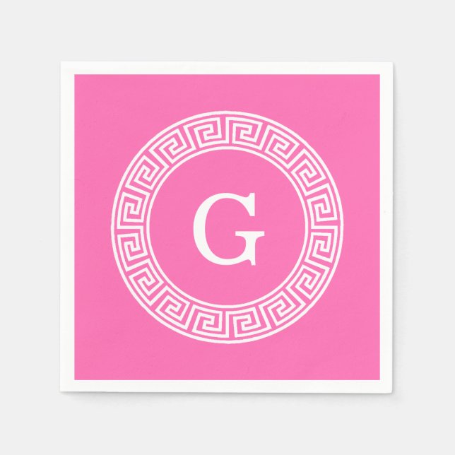 Hot Pink2 Wht Greek Key Rnd Frame Initial Monogram Napkin (Front)