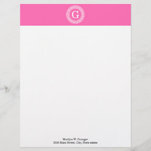 Hot Pink2 Wht Greek Key Rnd Frame Initial Monogram Personalized Letterhead