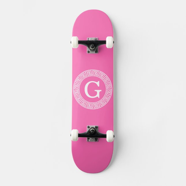 Hot Pink2 Wht Greek Key Rnd Frame Initial Monogram Skateboard (Front)