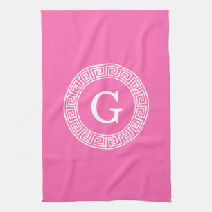 Hot Pink2 Wht Greek Key Rnd Frame Initial Monogram Tea Towel