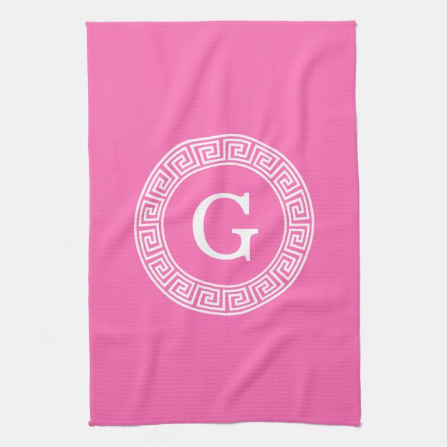 Hot Pink2 Wht Greek Key Rnd Frame Initial Monogram Tea Towel (Vertical)