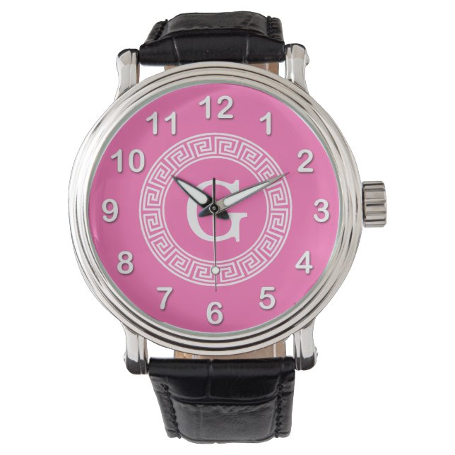 Hot Pink2 Wht Greek Key Rnd Frame Initial Monogram Watch (Front)