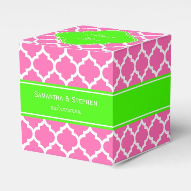 Hot Pink2 Wht Moroccan #5 Lime Green Name Monogram Favour Box (Front Side)