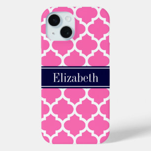 Hot Pink2 Wht Moroccan #5 Navy Blue Name Monogram iPhone 15 Case