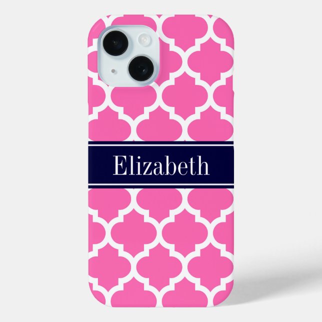 Hot Pink2 Wht Moroccan #5 Navy Blue Name Monogram Case-Mate iPhone Case (Back)