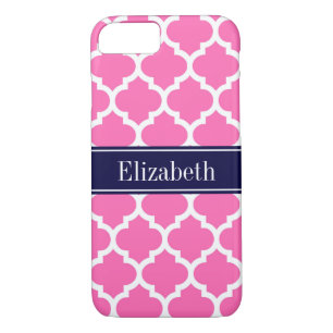 Hot Pink2 Wht Moroccan #5 Navy Blue Name Monogram iPhone 8/7 Case