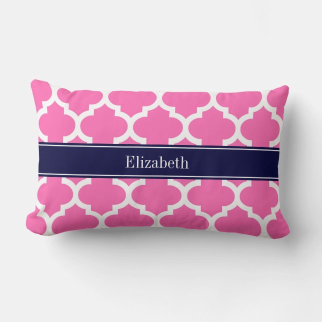Hot Pink2 Wht Moroccan #5 Navy Blue Name Monogram Lumbar Cushion (Front)