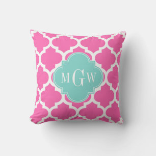 Hot Pink2 Wt Moroccan #5 Turquoise 3 Init Monogram Cushion