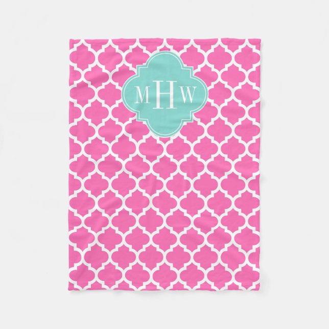 Hot Pink2 Wt Moroccan #5 Turquoise 3 Init Monogram Fleece Blanket (Front)