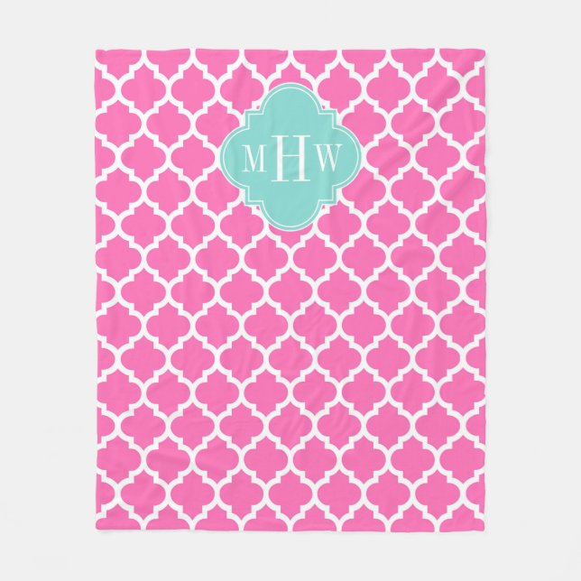 Hot Pink2 Wt Moroccan #5 Turquoise 3 Init Monogram Fleece Blanket (Front)