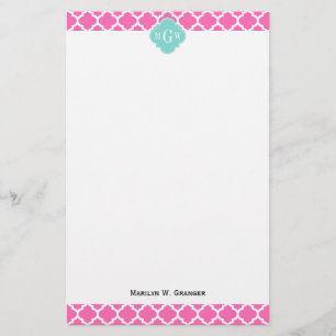 Hot Pink2 Wt Moroccan #5 Turquoise 3 Init Monogram Stationery