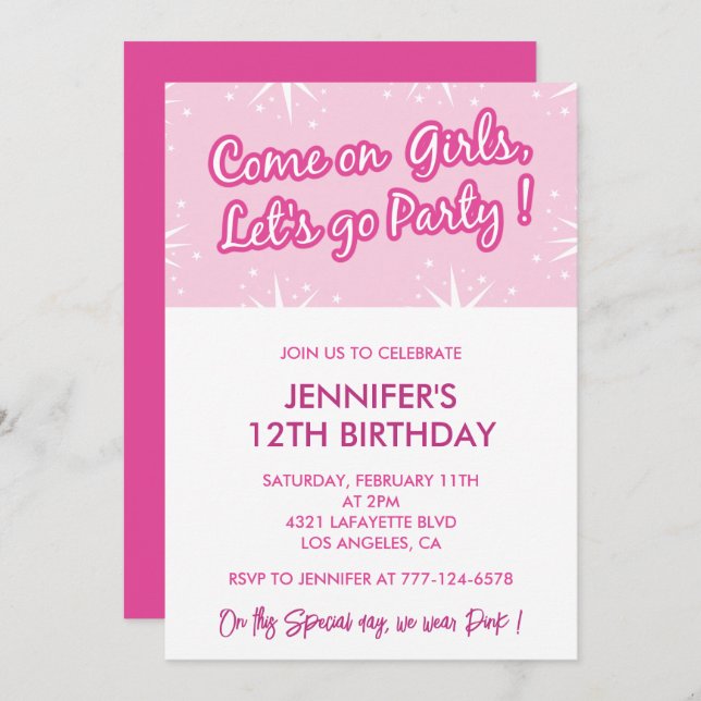 Hot pink 12th birthday invitations for her girly (Front/Back)