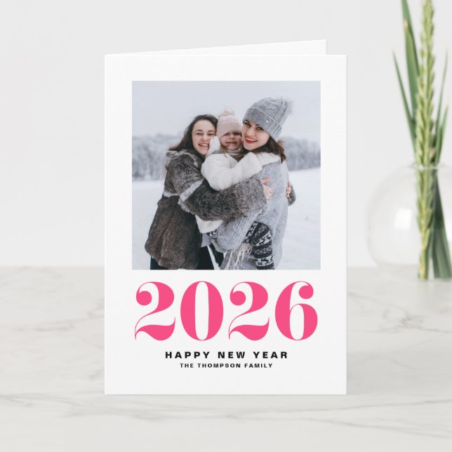 Hot Pink 2025 Bold Typography New Year Photo Holiday Card (Front)