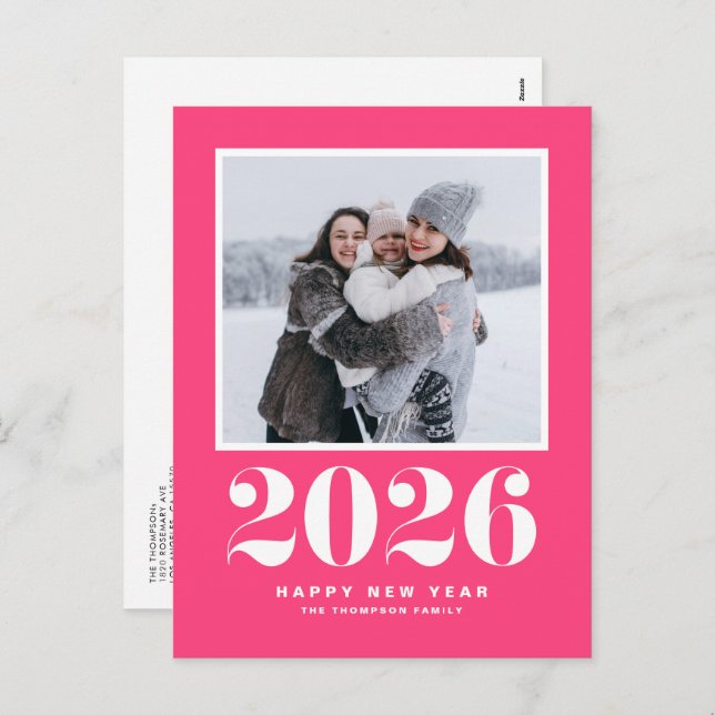 Hot Pink 2025 Bold Typography New Year Photo Holiday Postcard (Front/Back)