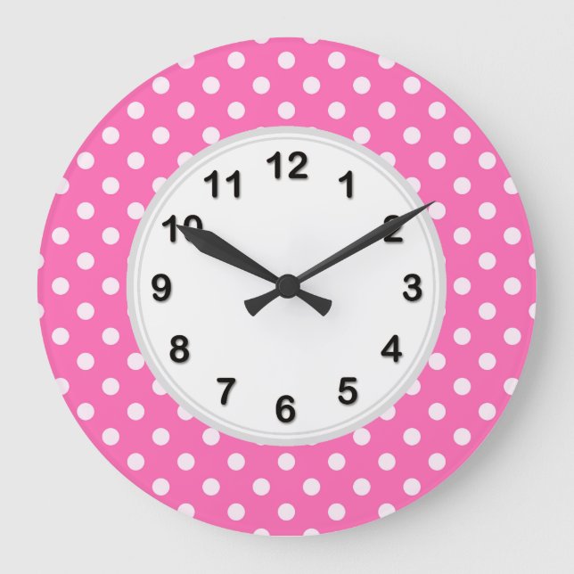 Hot Pink #2 and White Polka Dots Pattern Large Clock (Front)
