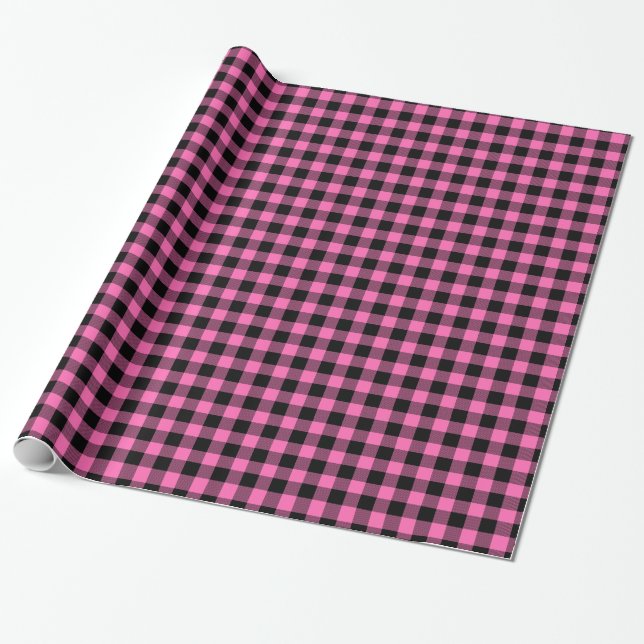 Hot Pink #2, Black Buffalo Plaid Tartan Wrapping Paper (Unrolled)