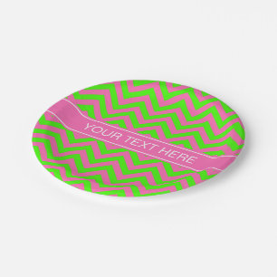 Hot Pink #2 Lime Green LG Chevron Name Monogram Paper Plate