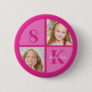 Hot Pink 2 Photo Personalised Birthday Girl Party 6 Cm Round Badge