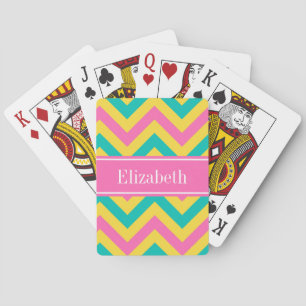 Hot Pink 2 Teal Pineapple LG Chevron Name Monogram Playing Cards