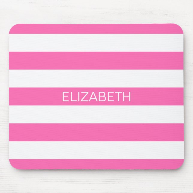 Hot Pink #2 White Horiz Preppy Stripe Monogram Mouse Pad (Front)