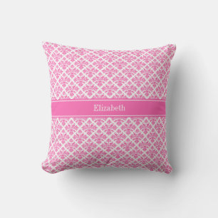 Hot Pink 2 Wht Damask #3 Hot Pink Name Monogram Cushion