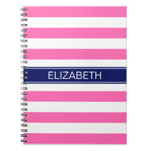 Hot Pink #2  Wht Horiz Stripe Navy Name Monogram Notebook
