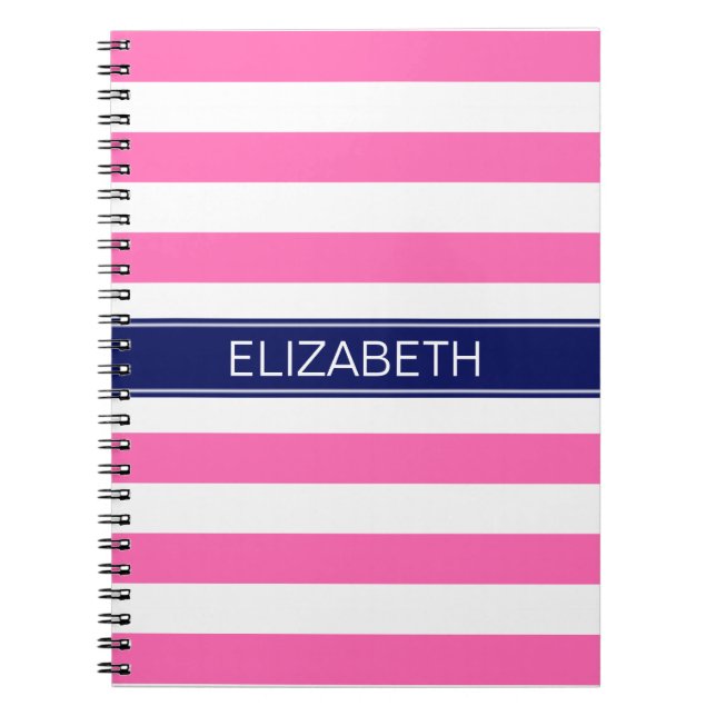 Hot Pink #2  Wht Horiz Stripe Navy Name Monogram Notebook (Front)